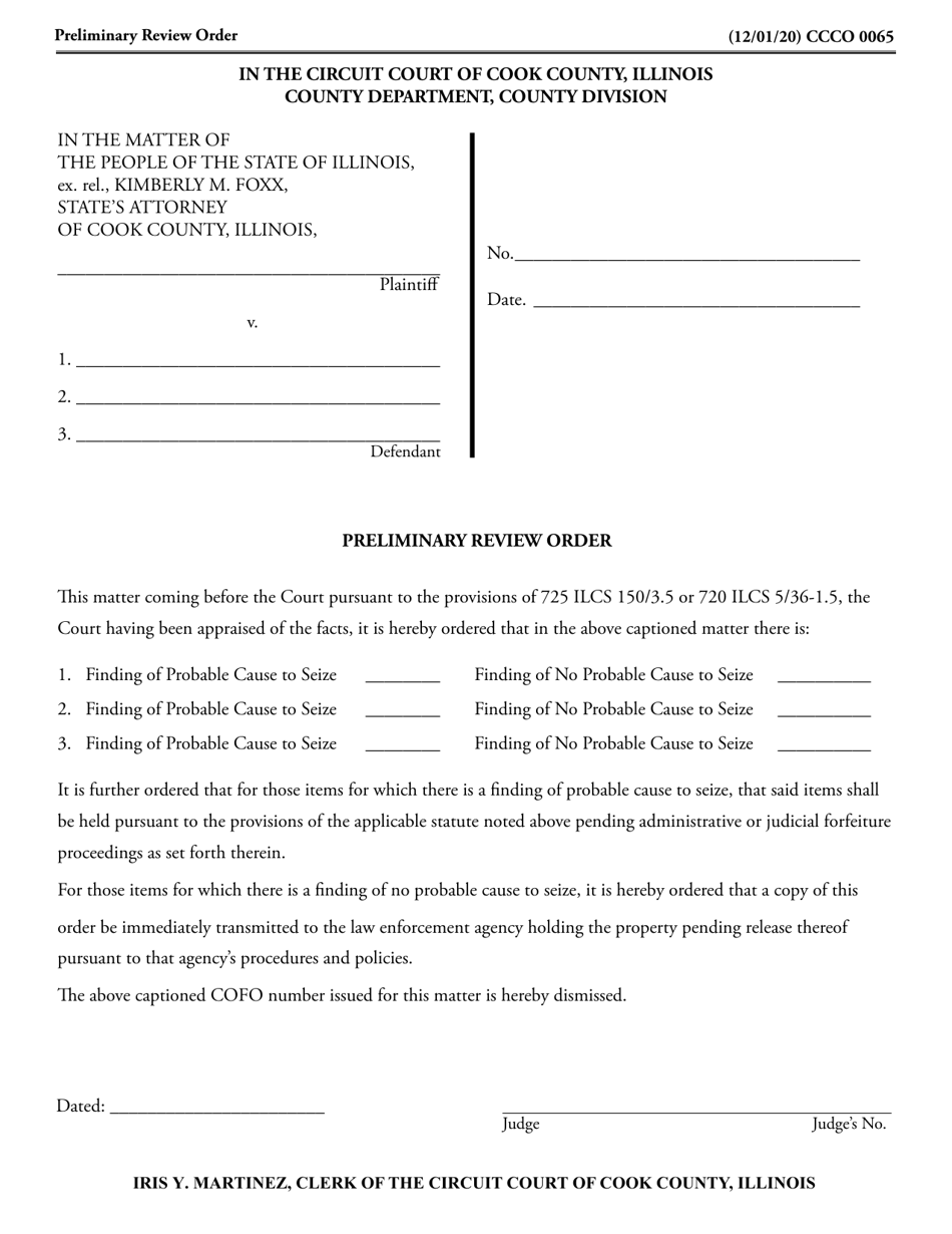 Form CCCO0065 Preliminary Review Order - Cook County, Illinois, Page 1