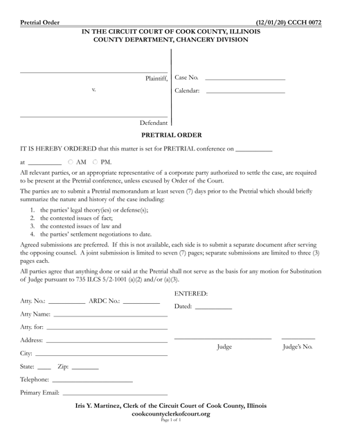 Form CCCH0072 Pretrial Order - Cook County, Illinois