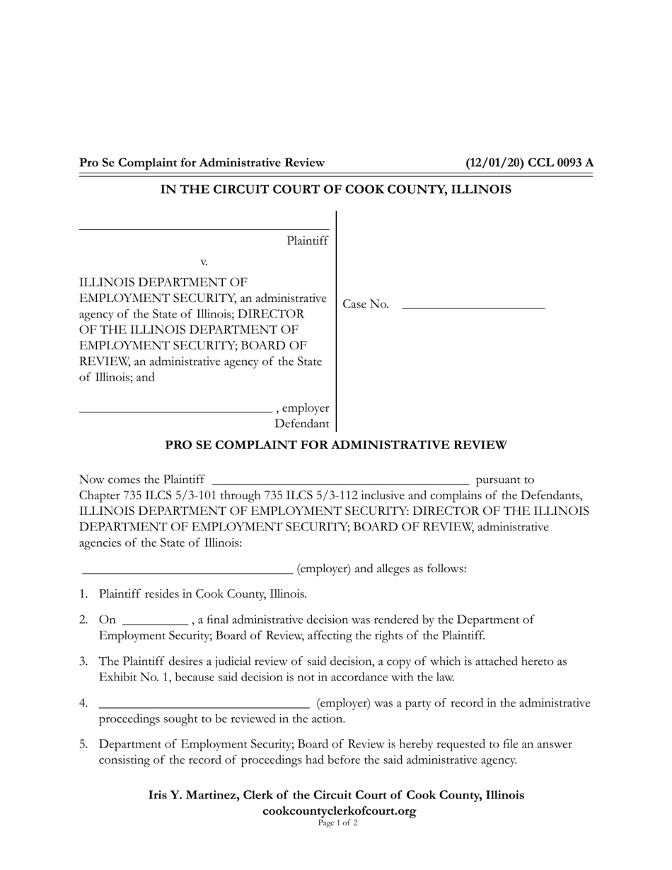 Form CCL0093 Pro Se Complaint for Administrative Review - Cook County, Illinois, Page 1