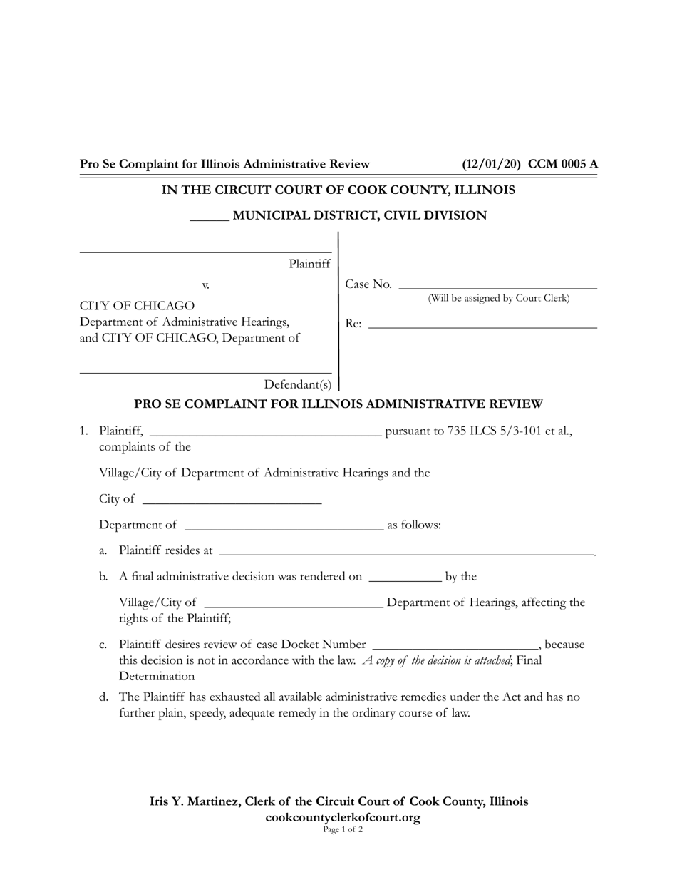 Form CCM0005 Pro Se Complaint for Illinois Administrative Review - Cook County, Illinois, Page 1