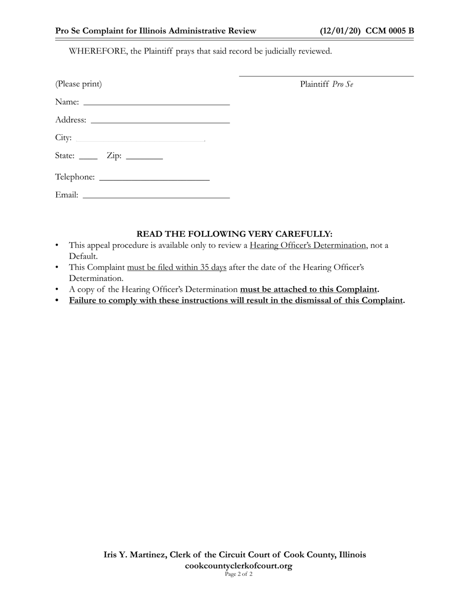 Form CCM0005 Pro Se Complaint for Illinois Administrative Review - Cook County, Illinois, Page 2