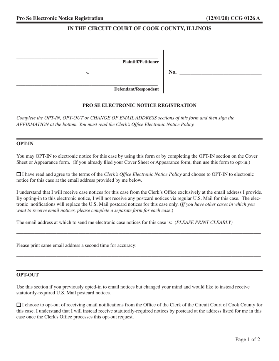 Form CCG0126 Pro Se Electronic Notice Registration - Cook County, Illinois, Page 1
