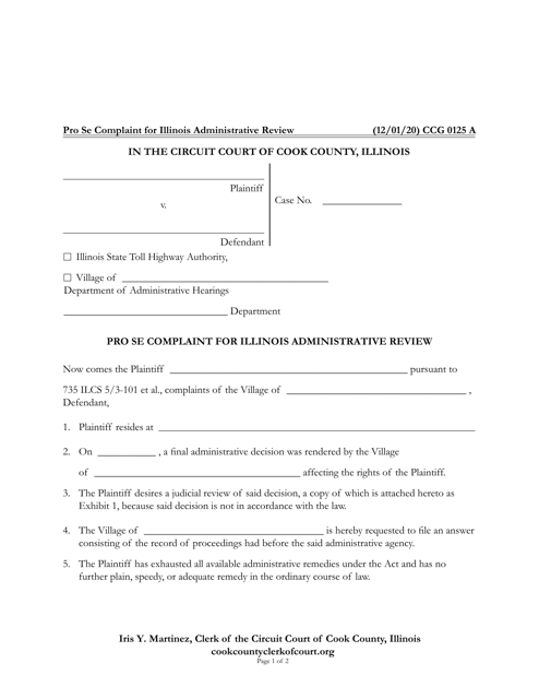 Form CCG0125 Pro Se Complaint for Illinois Administrative Review - Cook County, Illinois