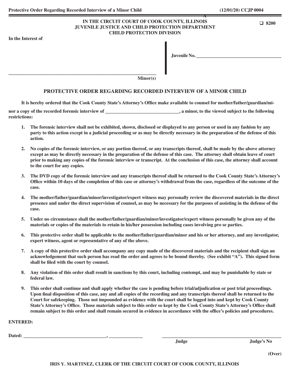 Form CCJP0004 Protective Order Regarding Recorded Interview of a Minor Child - Cook County, Illinois, Page 1