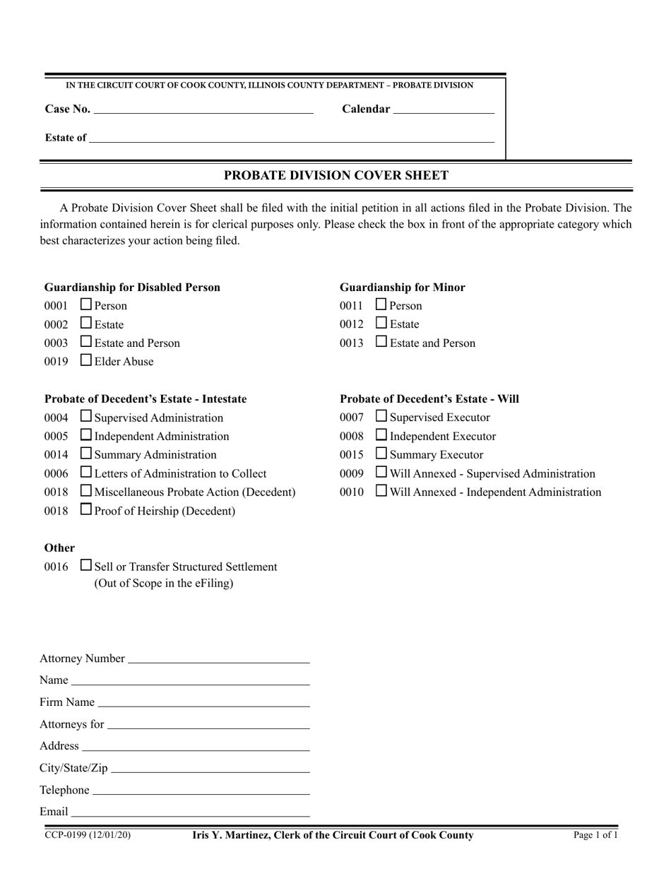 Form CCP0199 Probate Division Cover Sheet - Cook County, Illinois, Page 1