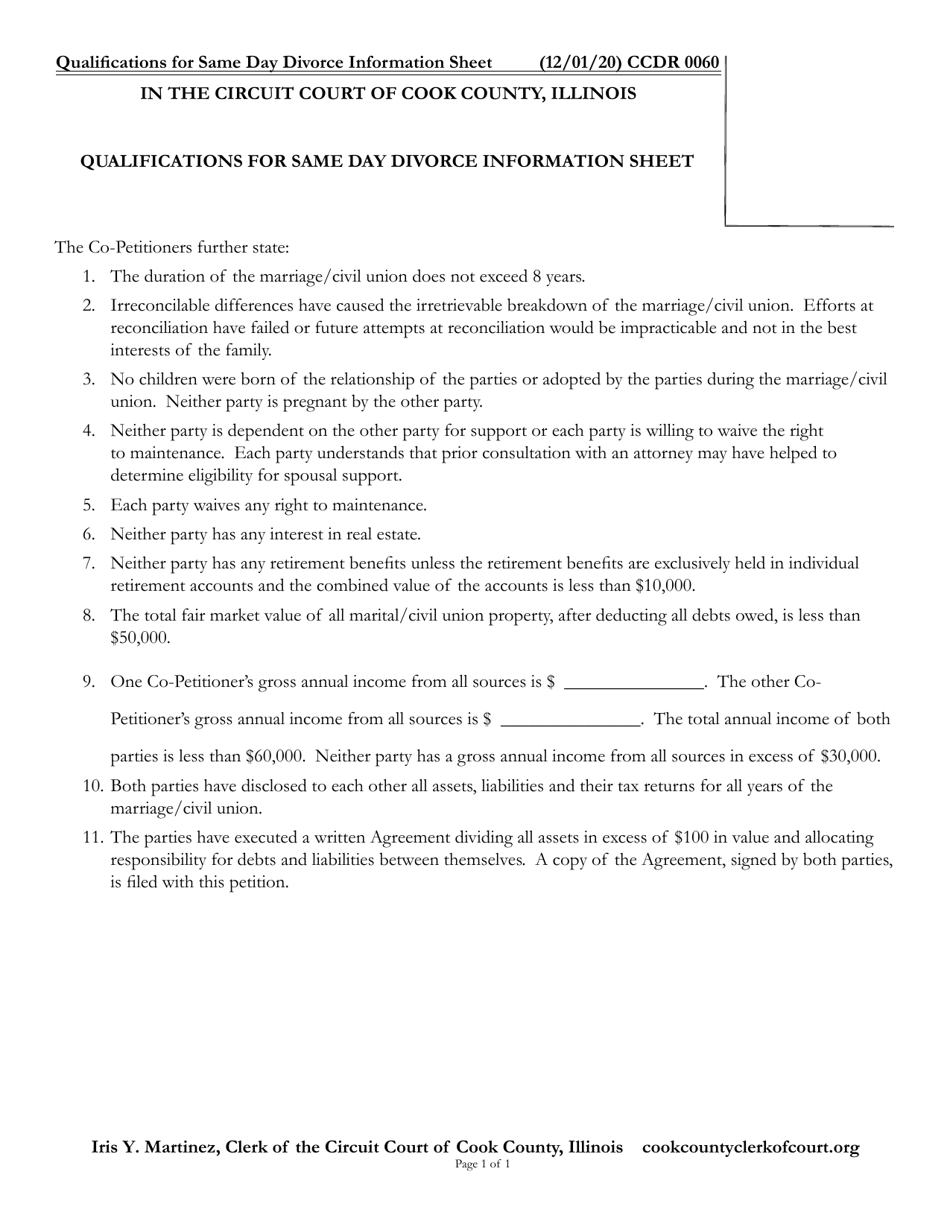 Form CCDR0060 Qualifications for Same Day Divorce Information Sheet - Cook County, Illinois, Page 1