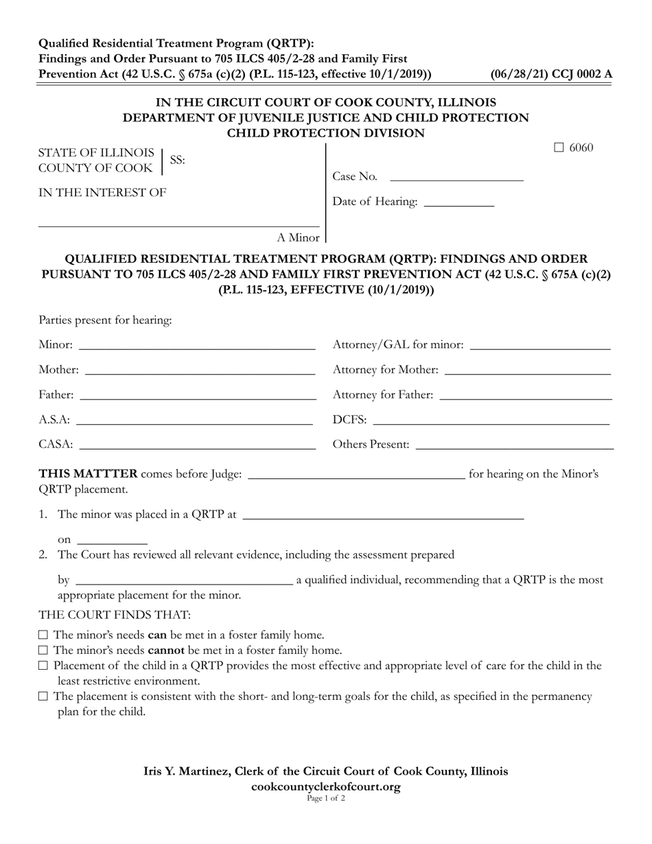 Form CCJ0002 Qualified Residential Treatment Program (Qrtp): Findings and Order - Cook County, Illinois, Page 1