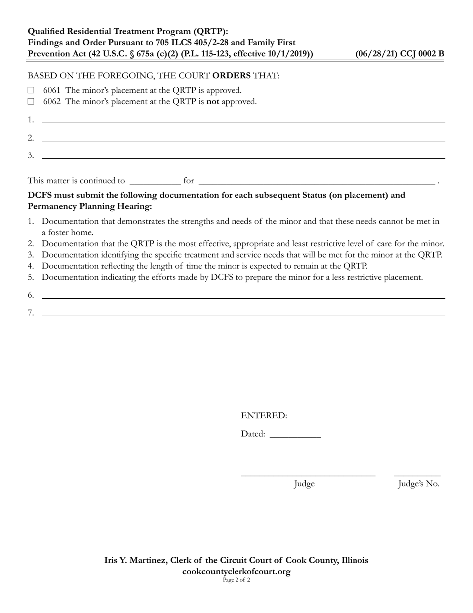 Form CCJ0002 Qualified Residential Treatment Program (Qrtp): Findings and Order - Cook County, Illinois, Page 2