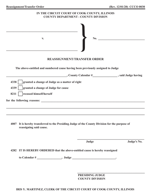 Form CCCO0030 Reassignment/Transfer Order - Cook County, Illinois