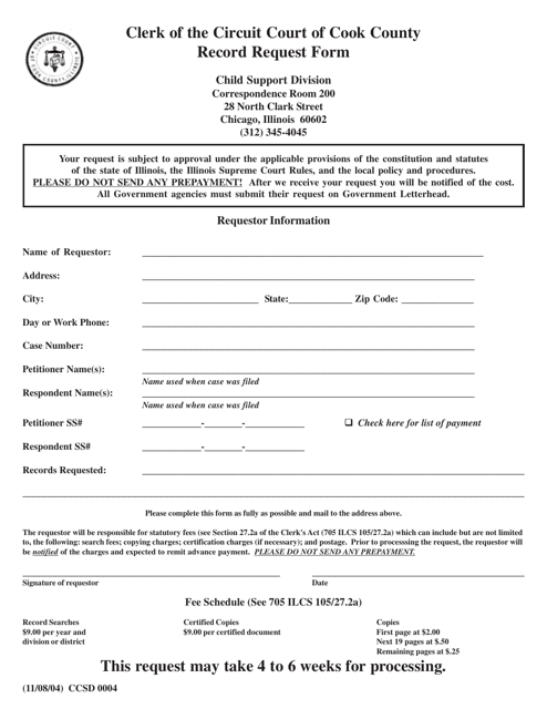 Form CCSD0004 Record Request Form - Cook County, Illinois