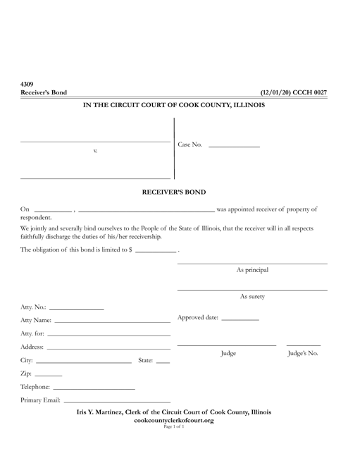 Form CCCH0027 Receiver's Bond - Cook County, Illinois