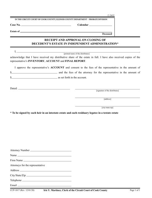 Form CCP1017 Receipt and Approval on Closing of Decedent's Estate in Independent Administration - Cook County, Illinois