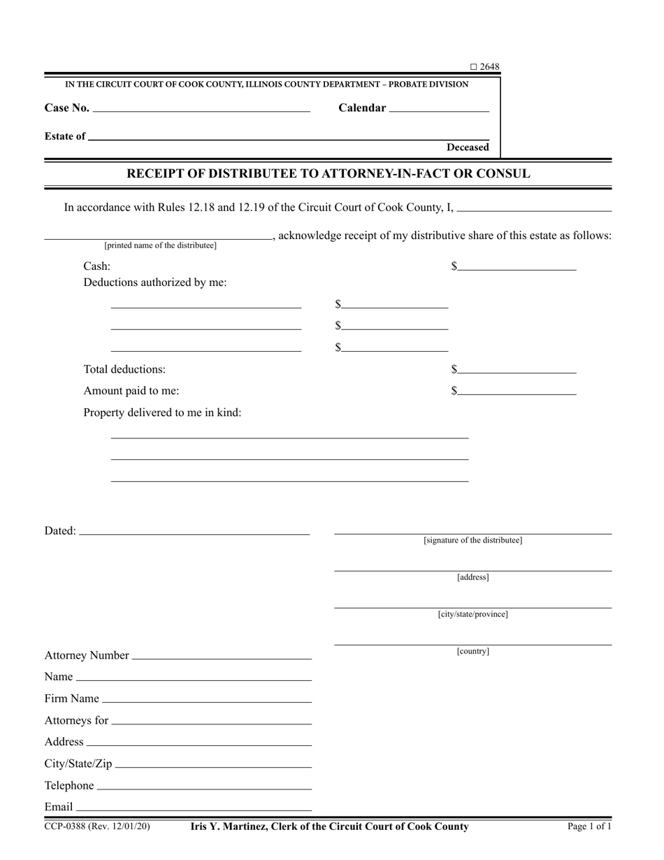 Form CCP0388 Receipt of Distributee to Attorney-In-fact or Consul - Cook County, Illinois, Page 1