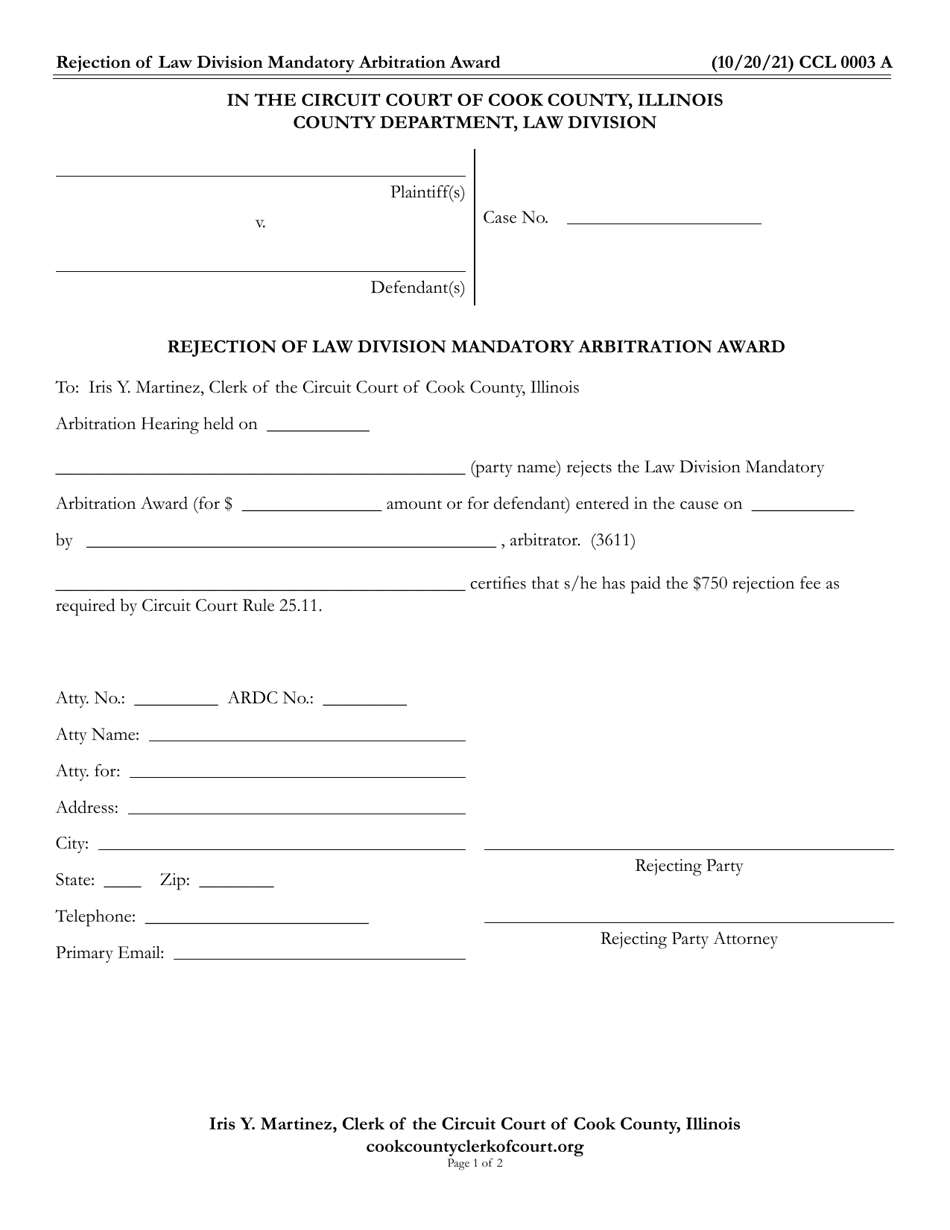 Form CCL0003 Rejection of Law Division Mandatory Arbitration Award - Cook County, Illinois, Page 1
