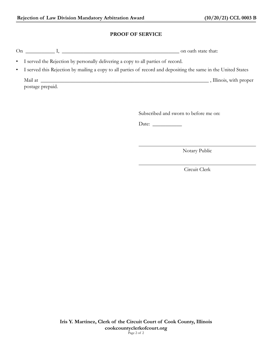 Form CCL0003 Rejection of Law Division Mandatory Arbitration Award - Cook County, Illinois, Page 2