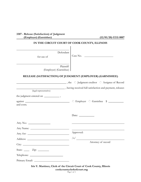 Form CCG0007 Release (Satisfaction) of Judgment (Employer) (Garnishee) - Cook County, Illinois