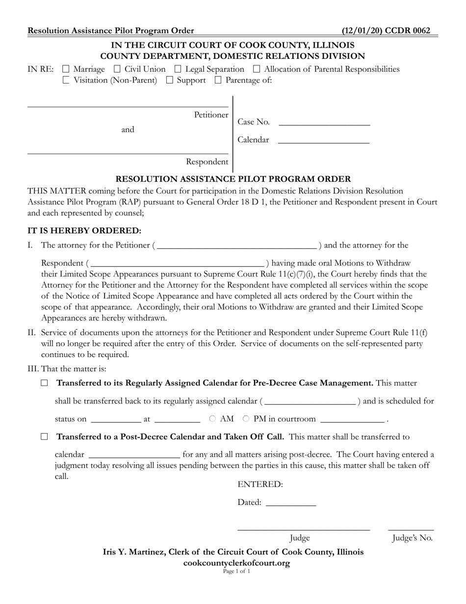 Form CCDR0062 Resolution Assistance Pilot Program Order - Cook County, Illinois, Page 1