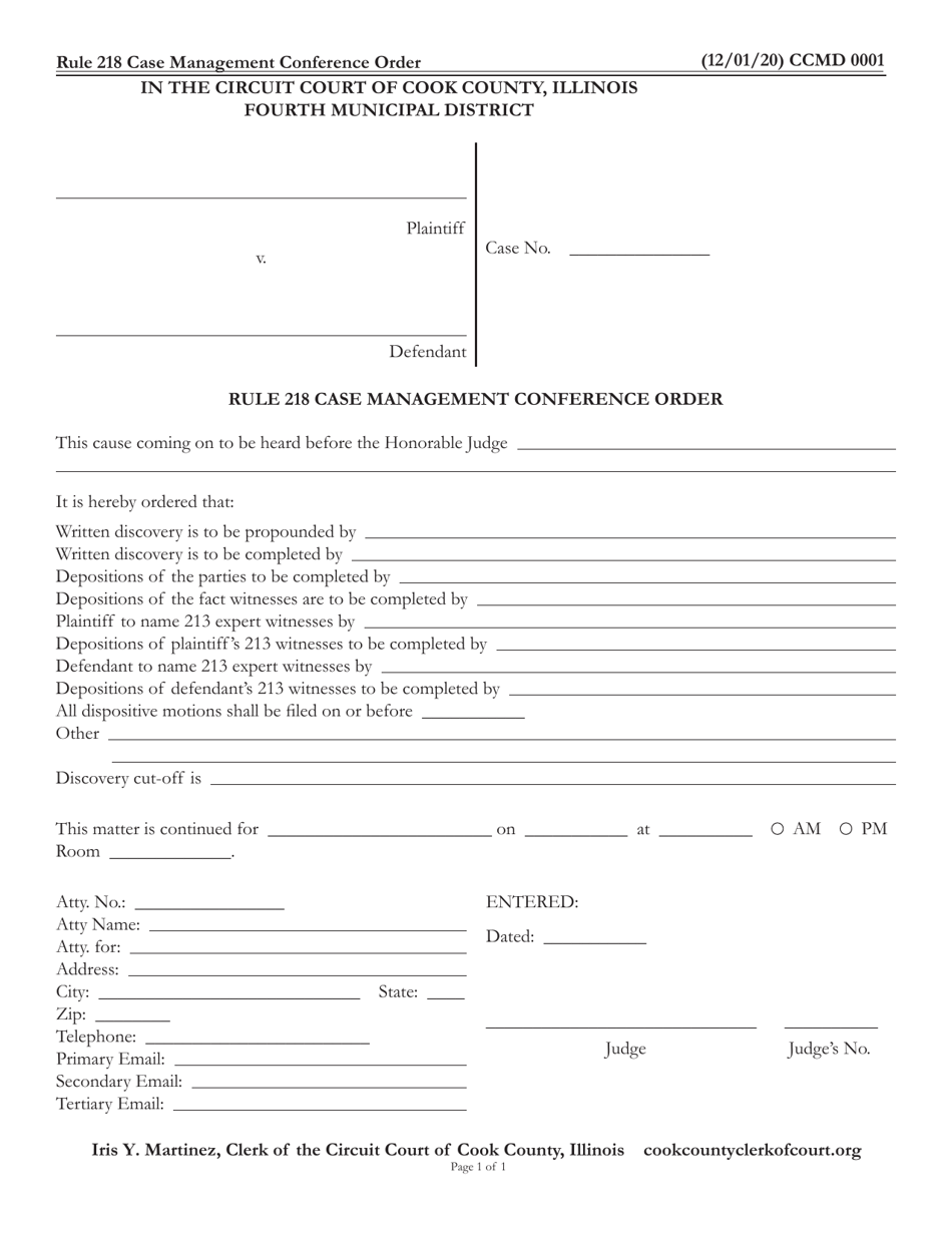 Form CCMD0001 Rule 218 Case Management Conference Order - Cook County, Illinois, Page 1
