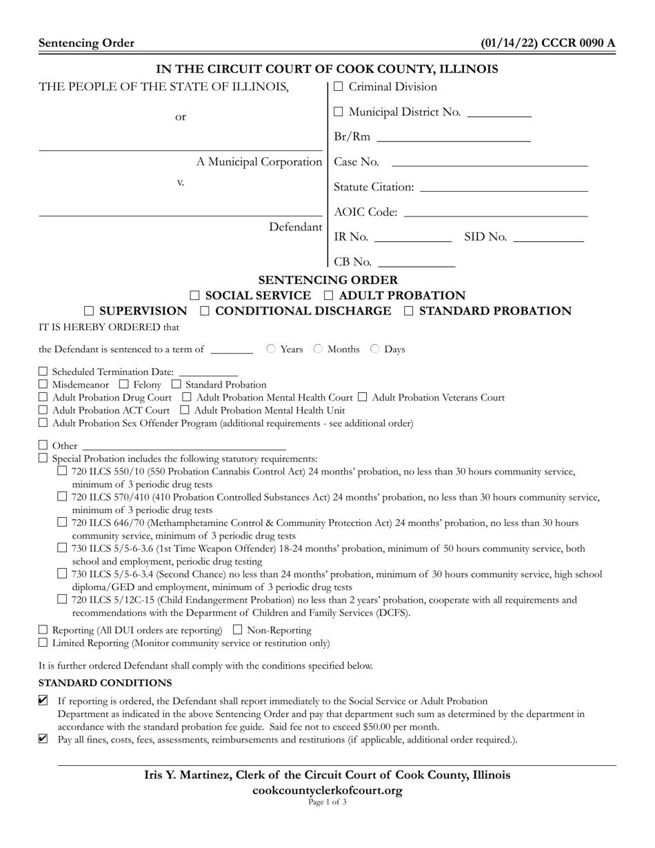 Form CCCR0090 Sentencing Order - Cook County, Illinois, Page 1