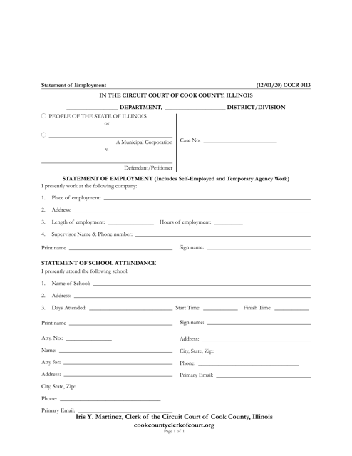 Form CCCR0113 Statement of Employment (Includes Self-employed and Temporary Agency Work) - Cook County, Illinois