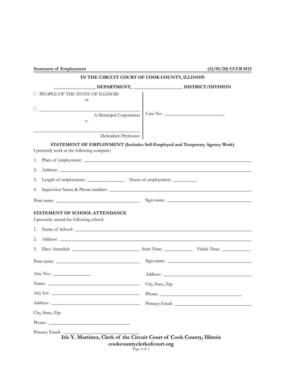 Form CCCR0113 Statement of Employment (Includes Self-employed and Temporary Agency Work) - Cook County, Illinois, Page 1