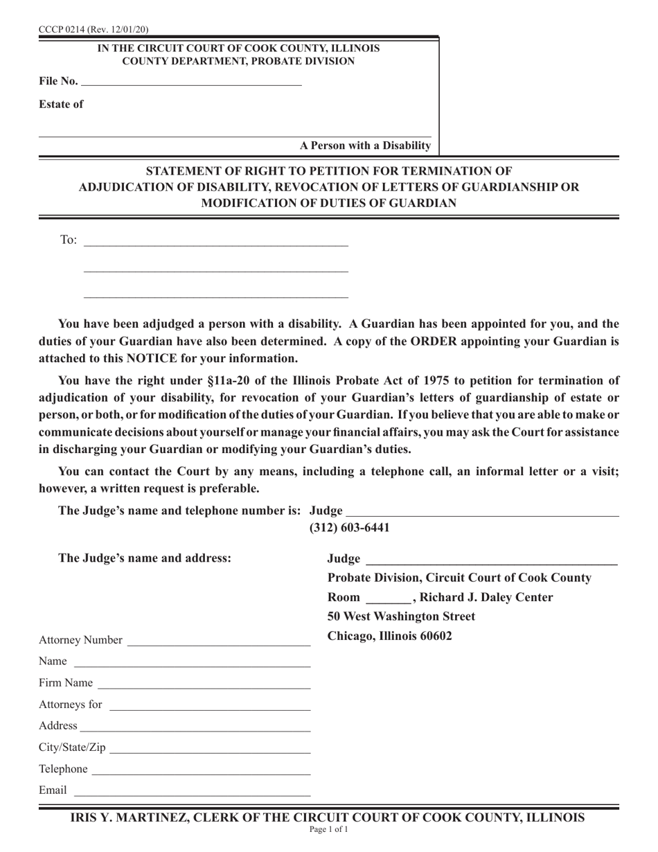 Form CCCP0214 Statement of Right to Petition for Termination of Adjudication of Disability, Revocation of Letters of Guardianship or Modification of Duties of Guardian - Cook County, Illinois, Page 1
