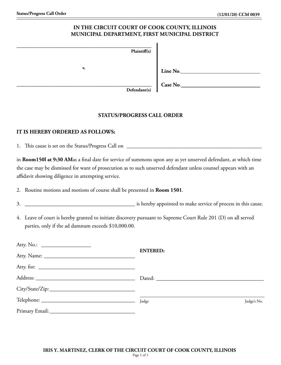 Form CCM0039 Status / Progress Call Order - Cook County, Illinois, Page 1