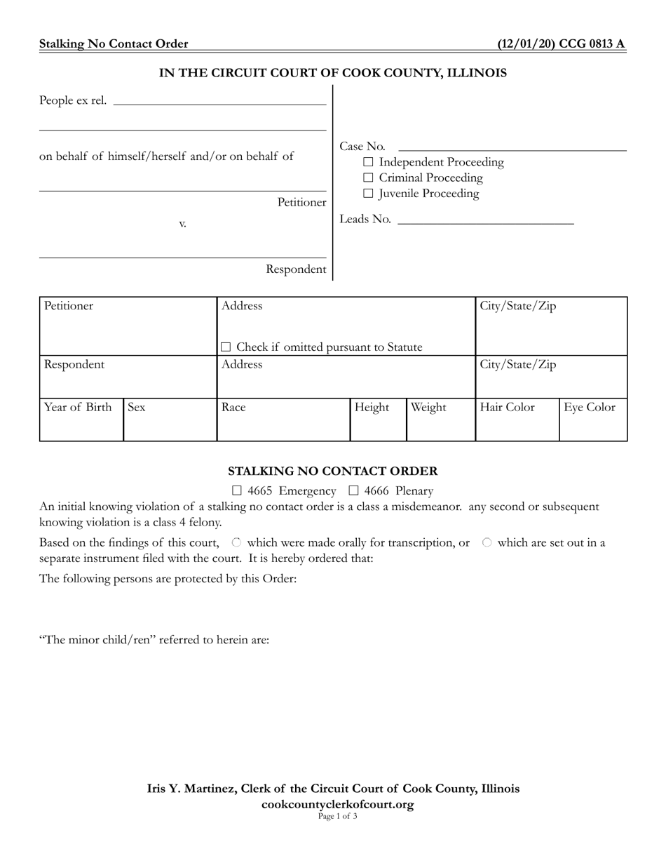 Form CCG0813 Stalking No Contact Order - Cook County, Illinois, Page 1