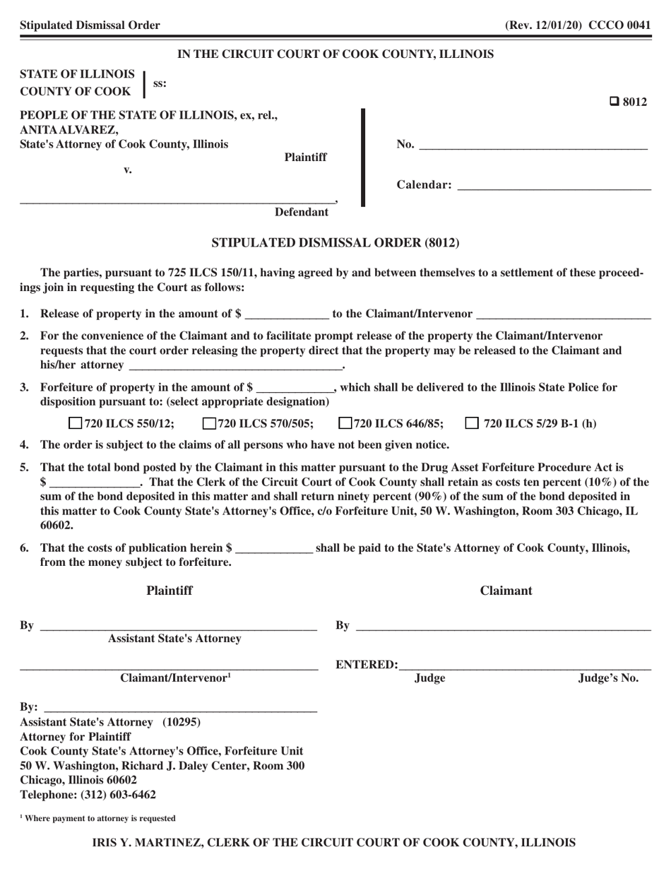 Form CCCO0041 Stipulated Dismissal Order (8012) - Cook County, Illinois, Page 1