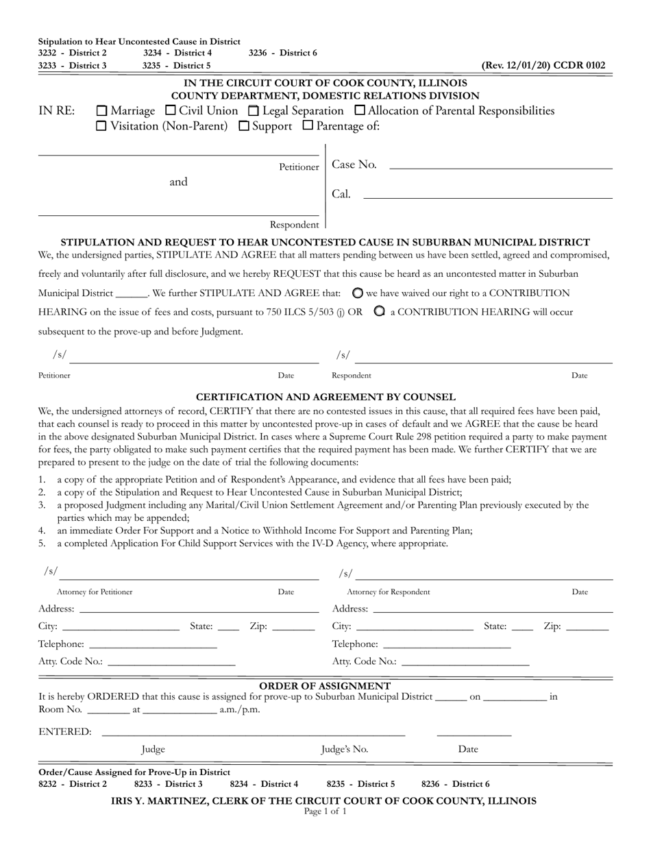 Form CCDR0102 Stipulation and Request to Hear Uncontested Cause in Suburban Municipal District - Cook County, Illinois, Page 1