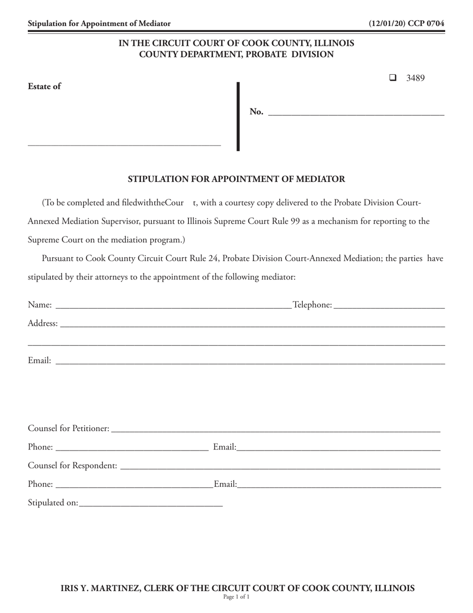Form CCP0704 Stipulation for Appointment of Mediator - Cook County, Illinois, Page 1