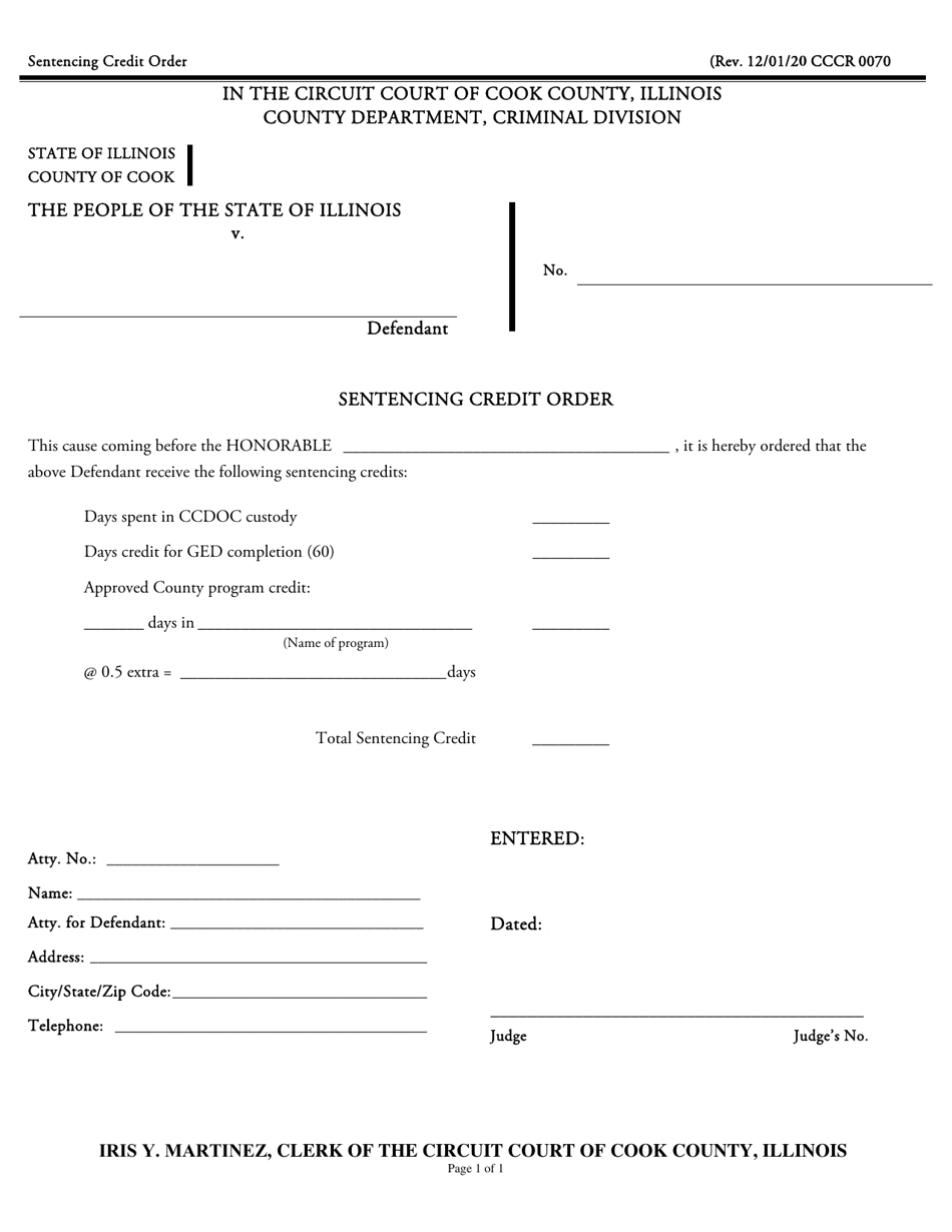 Form CCCR0070 Sentencing Credit Order - Cook County, Illinois, Page 1