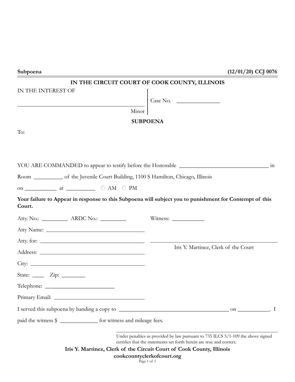 Form CCJ0076 Subpoena - Cook County, Illinois, Page 1