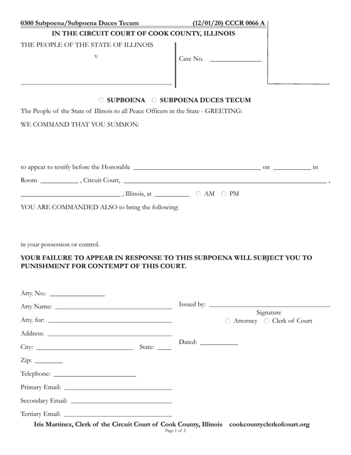 Form CCCR0066 Subpoena/Subpoena Duces Tecum - Cook County, Illinois