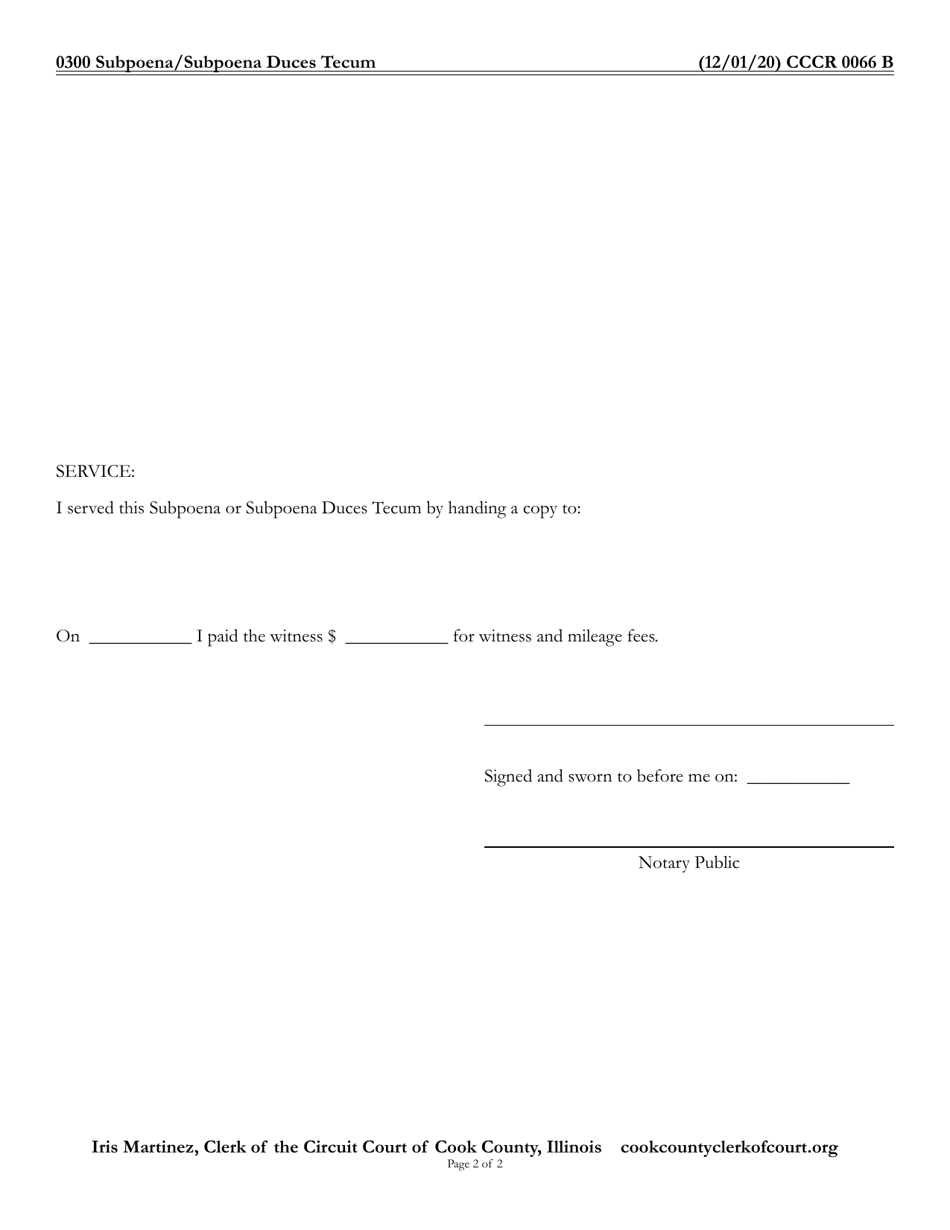 Form CCCR0066 Subpoena / Subpoena Duces Tecum - Cook County, Illinois, Page 2