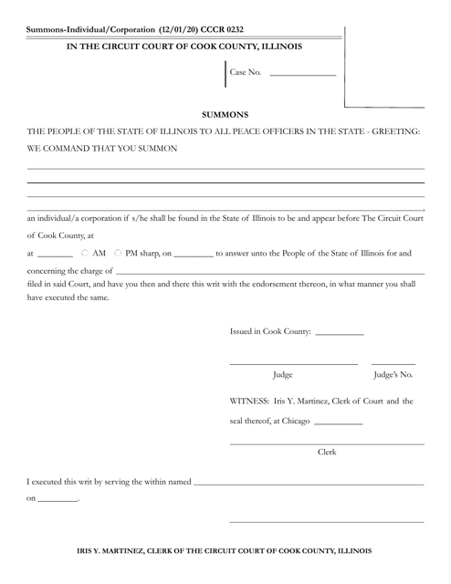 Form CCCR0232 Summons - Cook County, Illinois
