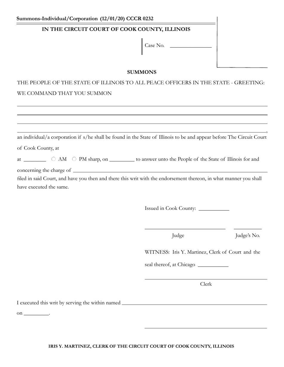 Form CCCR0232 Summons - Cook County, Illinois, Page 1