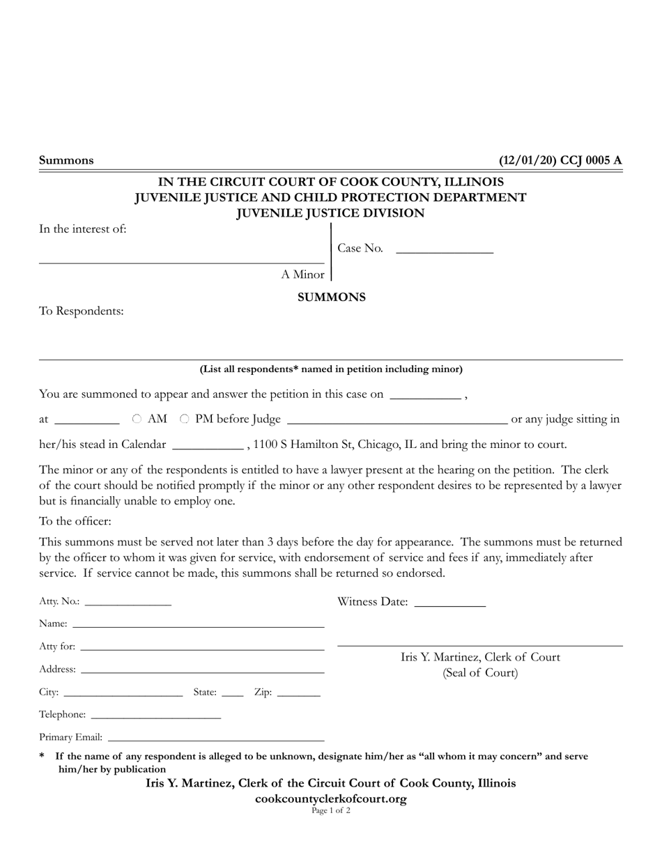 Form CCJ0005 Summons - Cook County, Illinois, Page 1