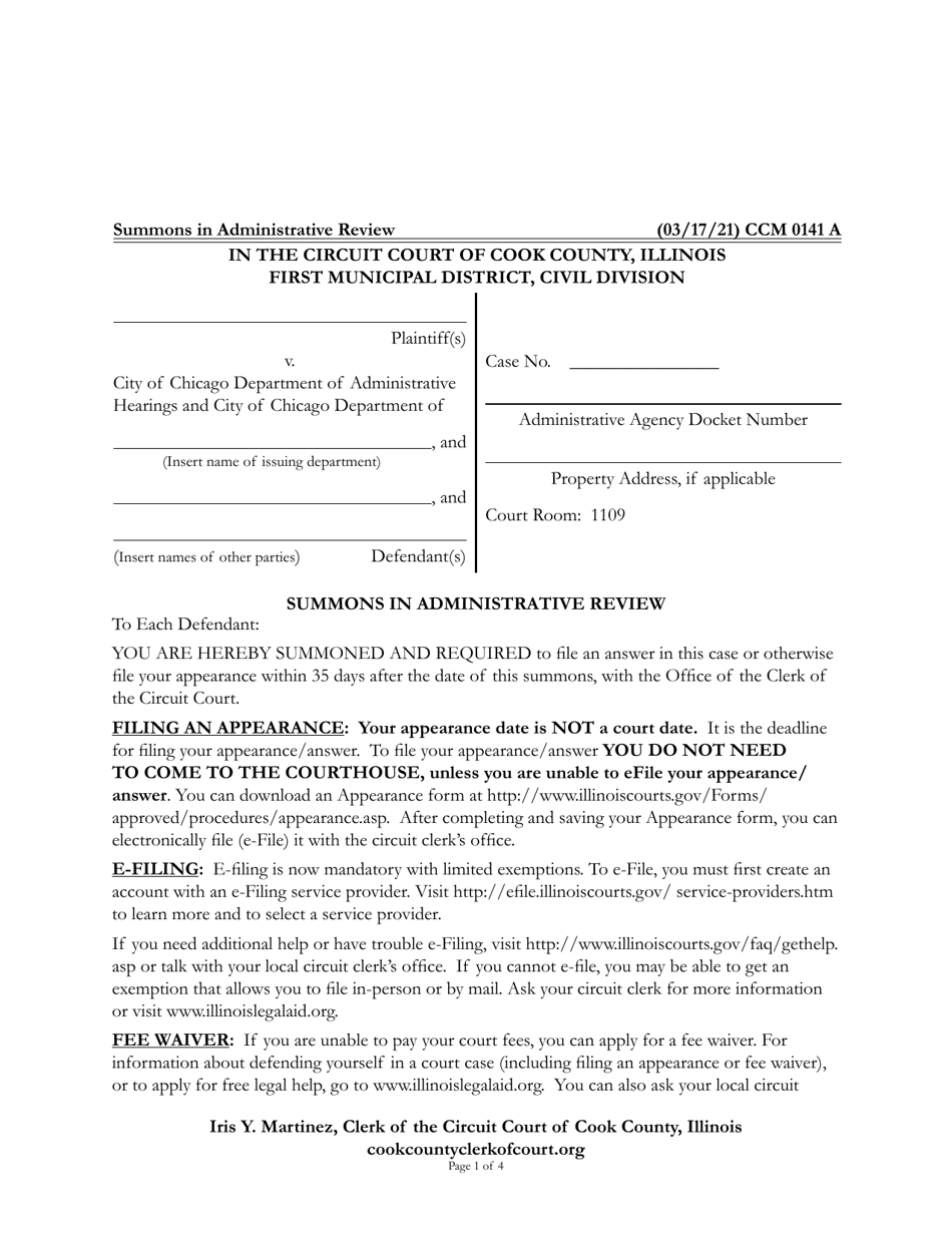 Form CCM0141 Summons in Administrative Review - Cook County, Illinois, Page 1