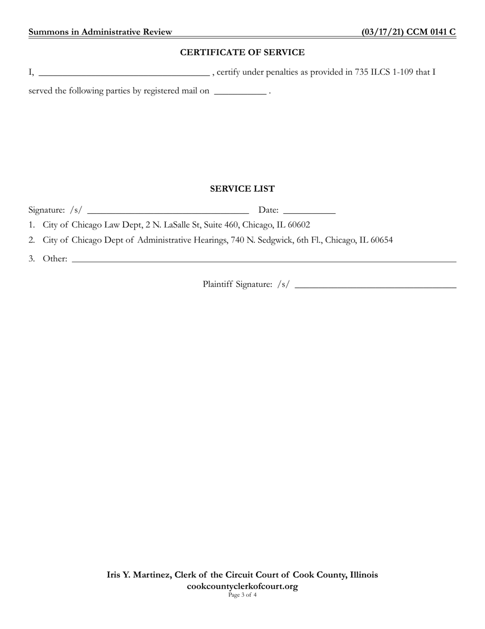 Form CCM0141 Summons in Administrative Review - Cook County, Illinois, Page 3