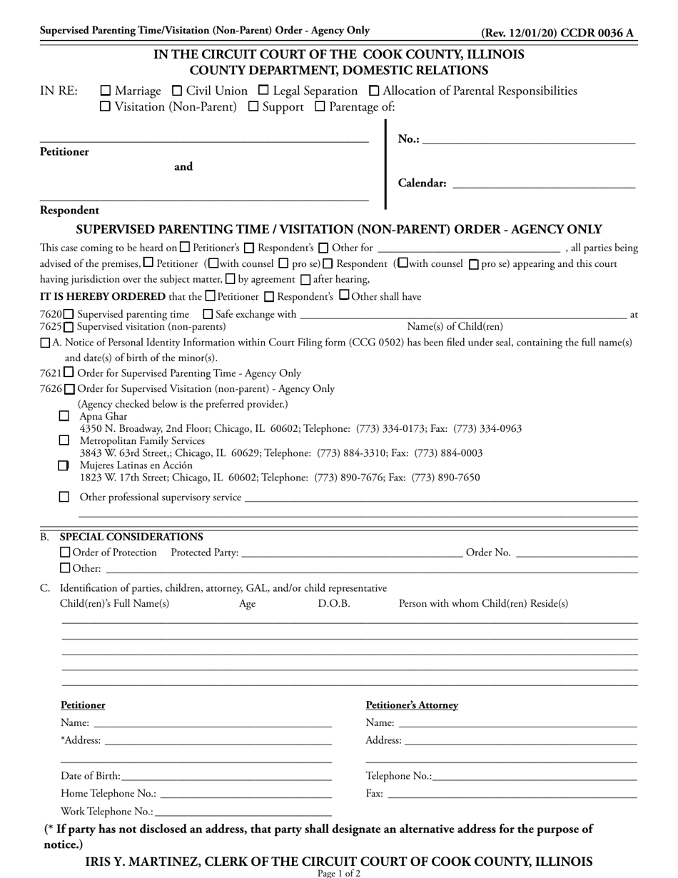 Form CCDR0036 Supervised Parenting Time / Visitation (Non-parent) Order - Agency Only - Cook County, Illinois, Page 1