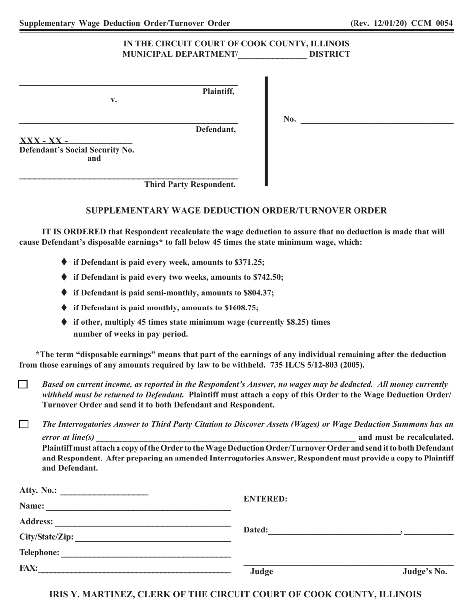 Form CCM0054 Supplementary Wage Deduction Order / Turnover Order - Cook County, Illinois, Page 1