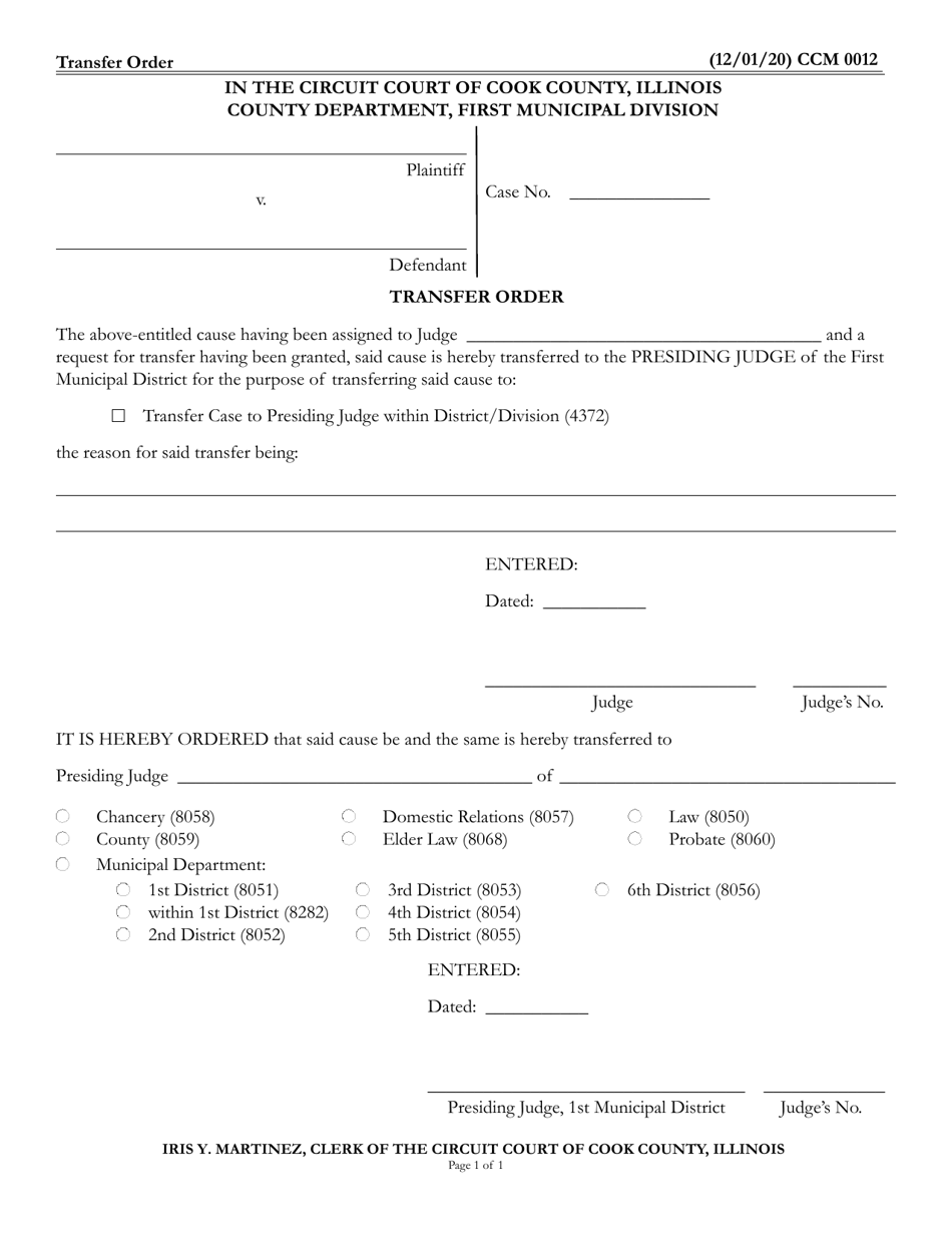 Form CCM0012 Transfer Order - Cook County, Illinois, Page 1