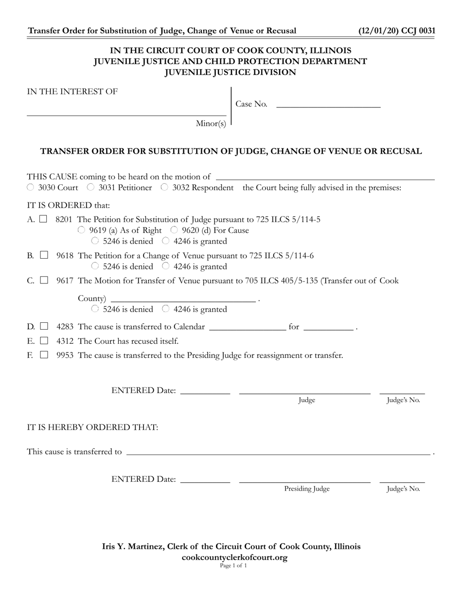 Form CCJ0031 Transfer Order for Substitution of Judge, Change of Venue or Recusal - Cook County, Illinois, Page 1