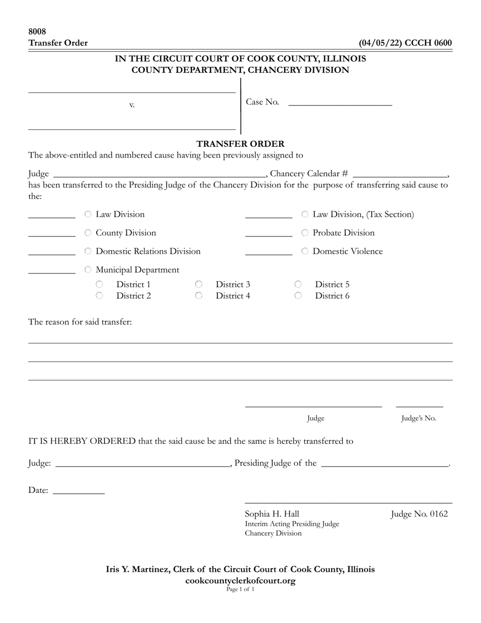 Form CCCH0600 Transfer Order - Cook County, Illinois, Page 1