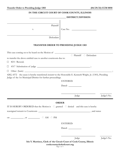 Form CCM0058 Transfer Order to Presiding Judge 1303 - Cook County, Illinois