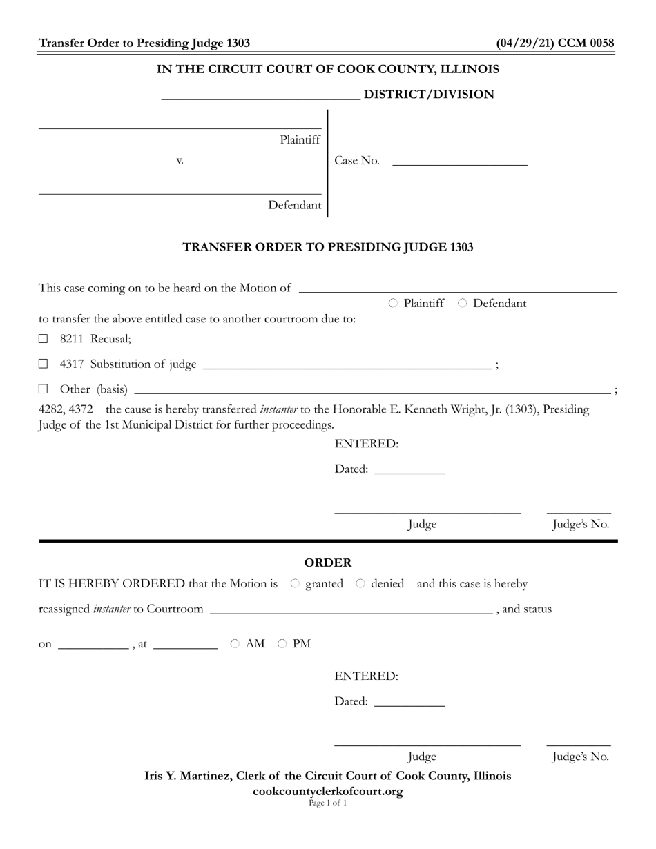 Form CCM0058 Transfer Order to Presiding Judge 1303 - Cook County, Illinois, Page 1