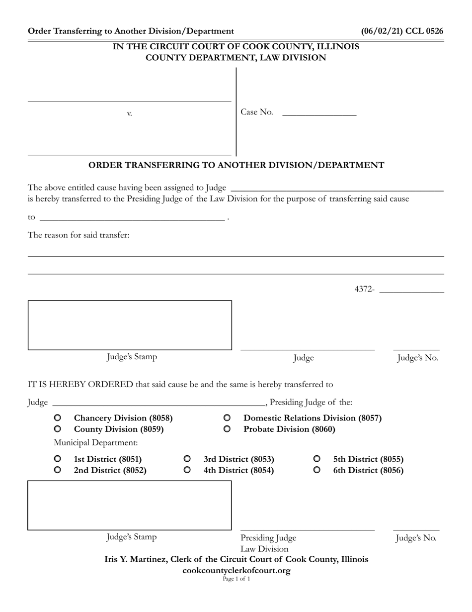 Form CCL0526 Order Transferring to Another Division / Department - Cook County, Illinois, Page 1