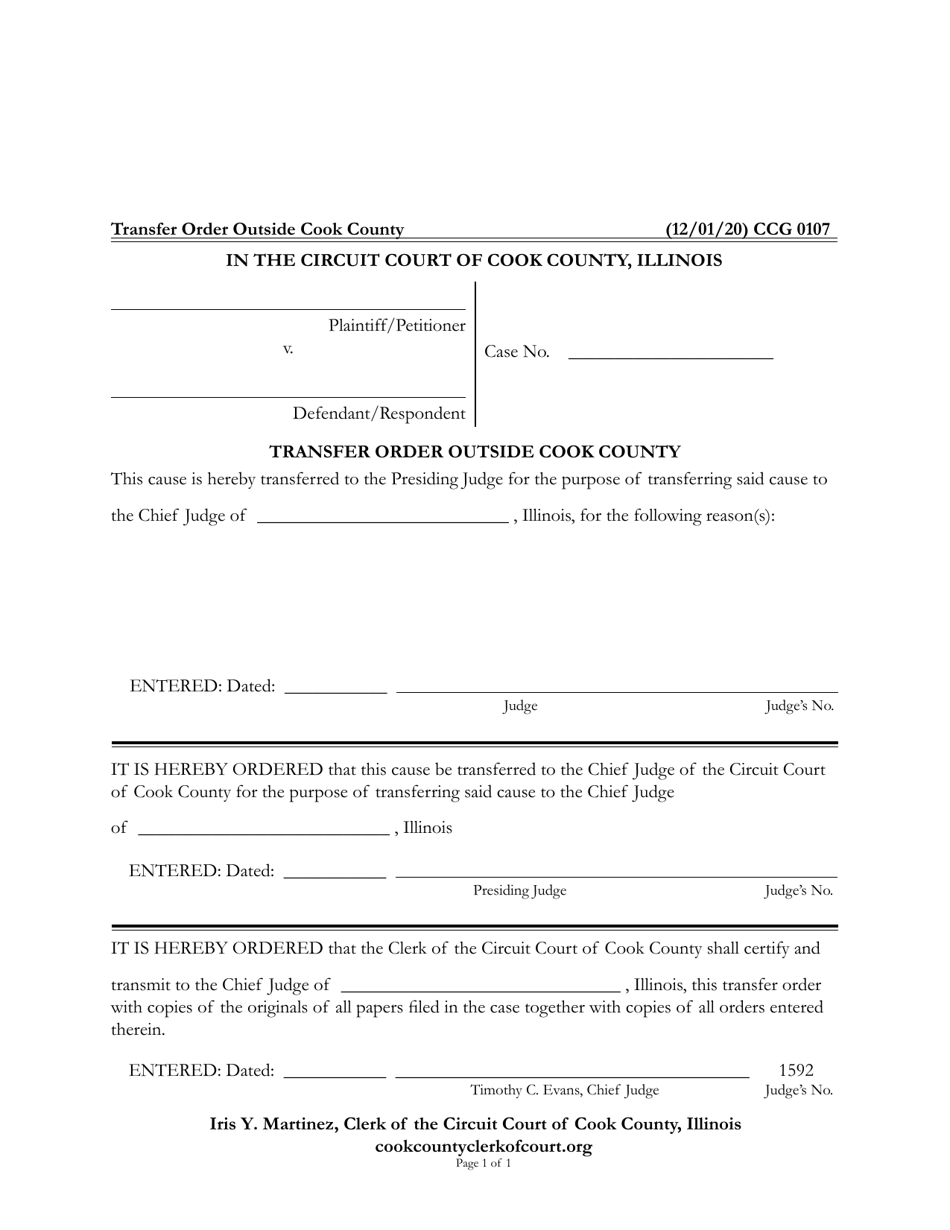 Form CCG0107 Transfer Order Outside Cook County - Cook County, Illinois, Page 1
