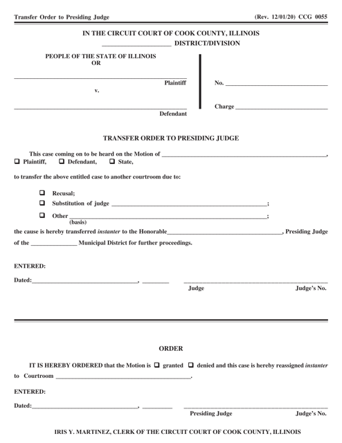 Form CCG0055 Transfer Order to Presiding Judge - Cook County, Illinois